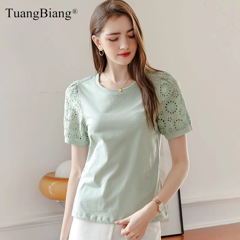 TuangBiang Лето 2023, хлопковые футболки с кружевным вырезом и коротким рукавом, жаккардовая женская повседневная одежда, классические топы с круглым вырезом и проушинами Изображение 0