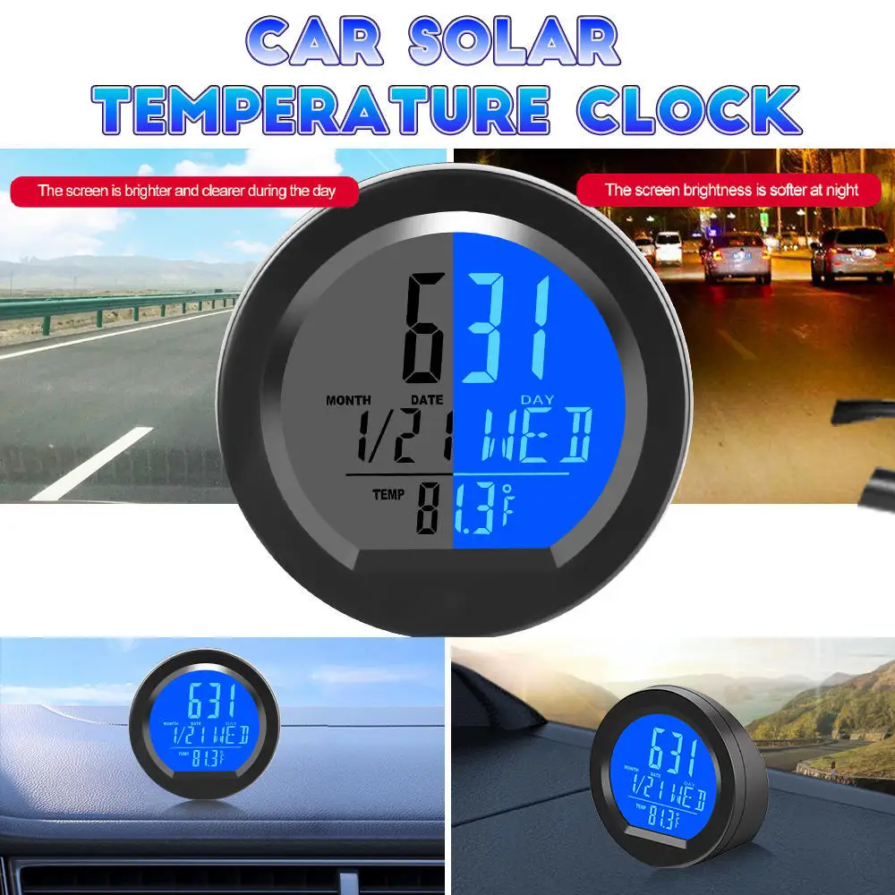 Автомобильные цифровые часы на солнечной батарее, Дата, Неделя, термометр, ЖК-световой дисплей для приборной панели, автомобильные часы, Внутренняя наклейка автомобилей Изображение 0