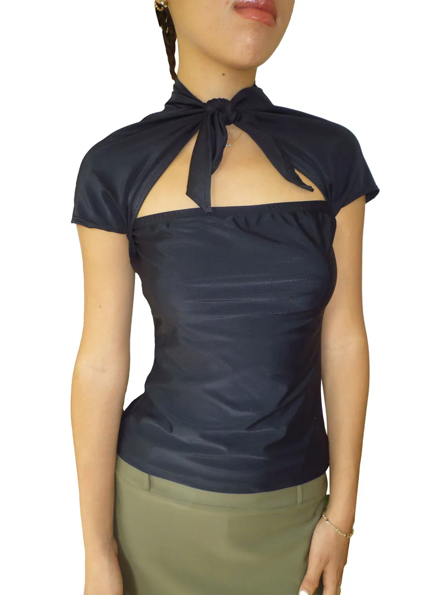 Женские футболки с коротким рукавом, Летние повседневные однотонные бандажные модные топы с вырезами Изображение 0