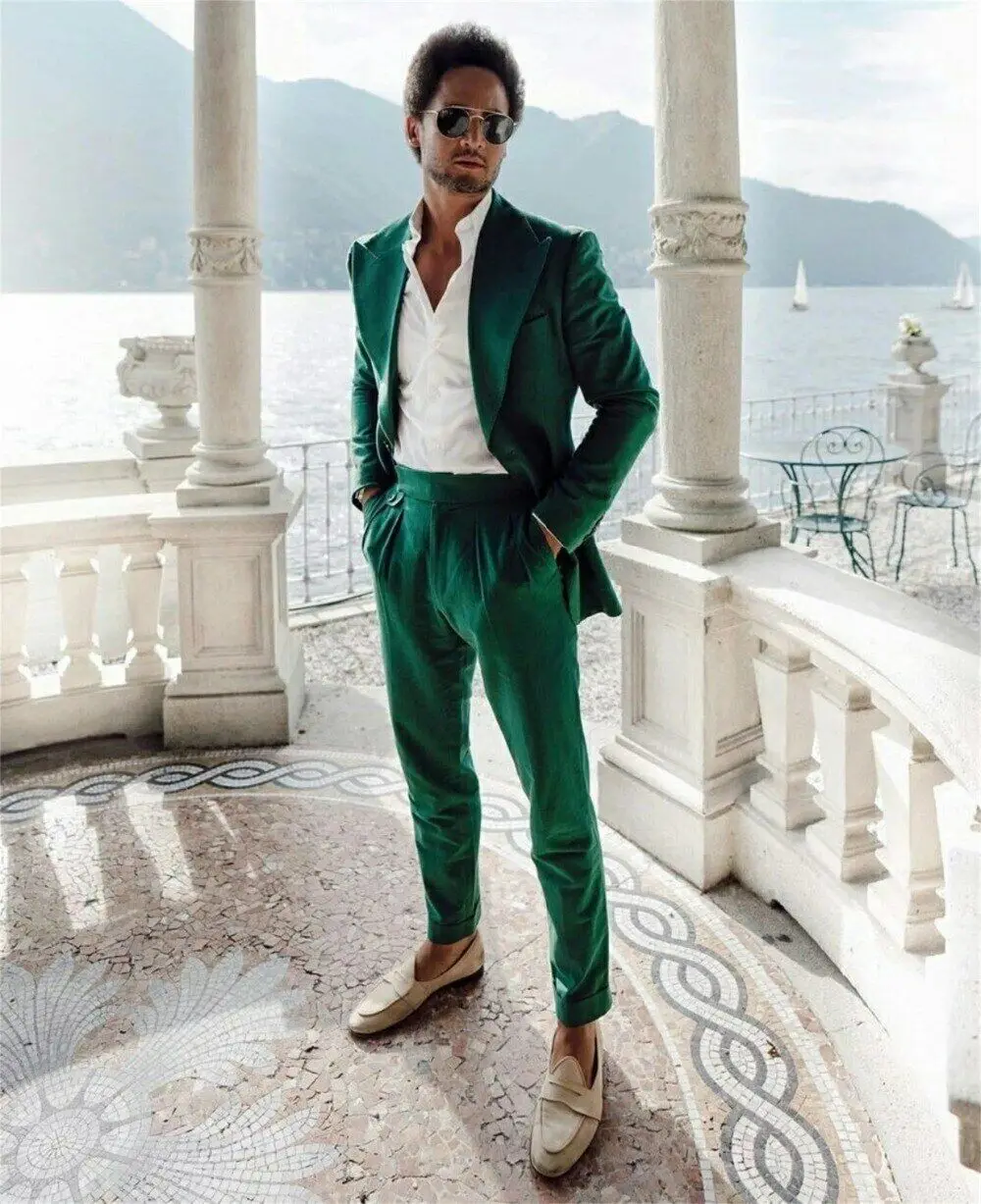 Зеленый бархатный мужской костюм, однобортный облегающий топ-двойка + брюки нестандартного размера и цвета Изображение 0