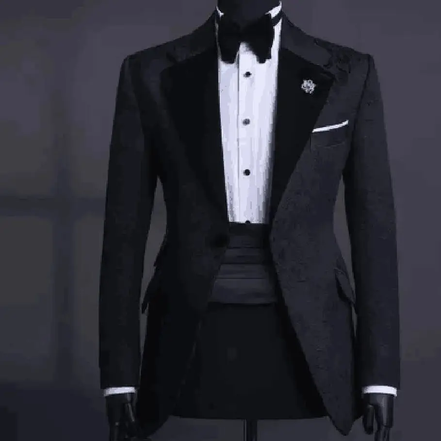 Красивый приталенный мужской костюм, цельный пиджак, новая черная жаккардовая одежда для официальных мероприятий для джентльменов Изображение 0