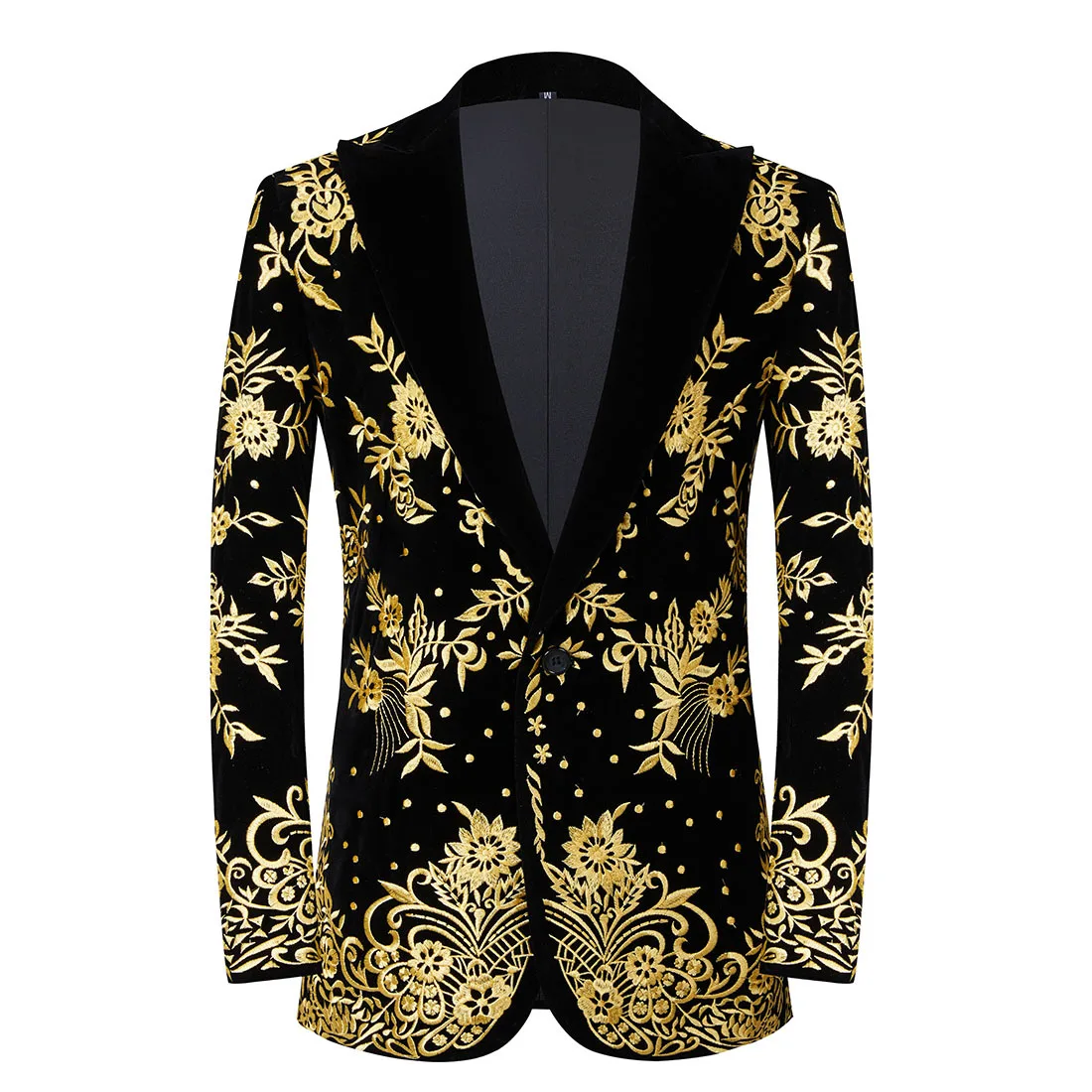 Мужской костюм с золотой цветочной вышивкой, пиджак с воротником-лацканами, бархатный приталенный свадебный смокинг, блейзер, костюм ведущего банкета Изображение 0