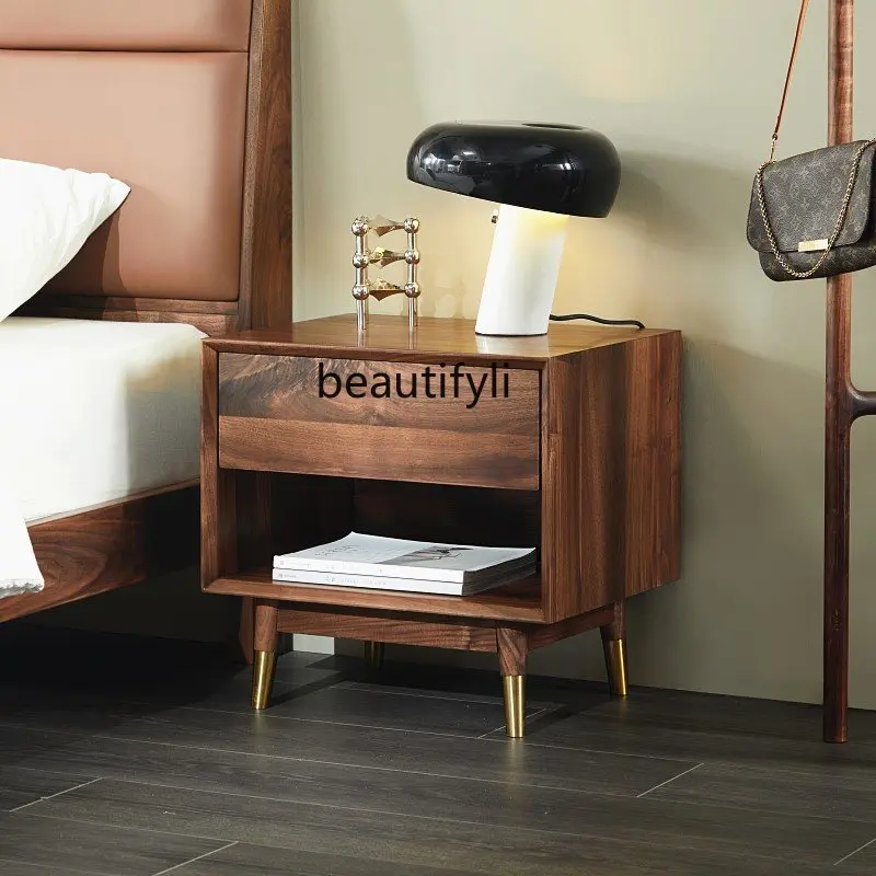 Прикроватная тумбочка из скандинавского черного ореха, прикроватный столик с одним выдвижным ящиком, Шкаф для спальни, Легкий роскошный шкаф для хранения Изображение 0