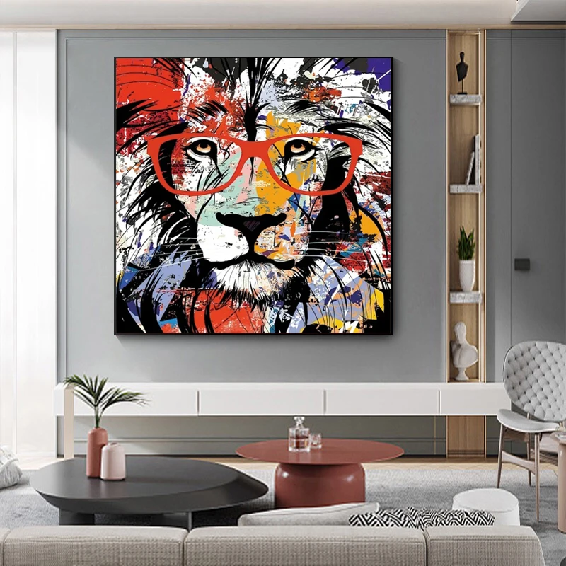 Современный лев, абстрактный поп-арт, настенный холст, красочный настенный плакат с изображением животных и картина для декора гостиной Без рамки Изображение 0