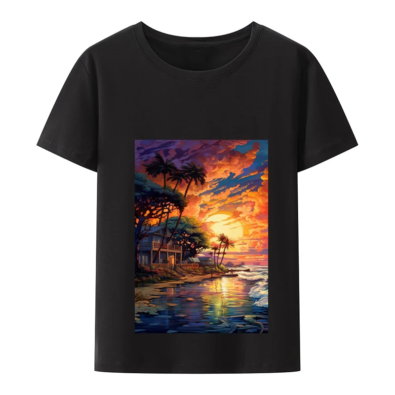 Футболки Island Sunset, мужские и женские свободные футболки с круглым вырезом, свободные летние футболки с мультфильмами Harajuku, Camisetas, уличная одежда Изображение 0