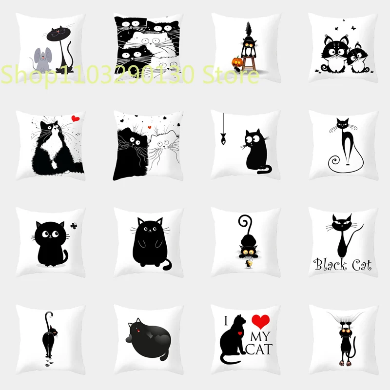 Чехол для подушки с милым мультяшным котом, креативная черно-белая наволочка с непослушным котом, домашний текстиль, декоративная наволочка для дивана Изображение 0