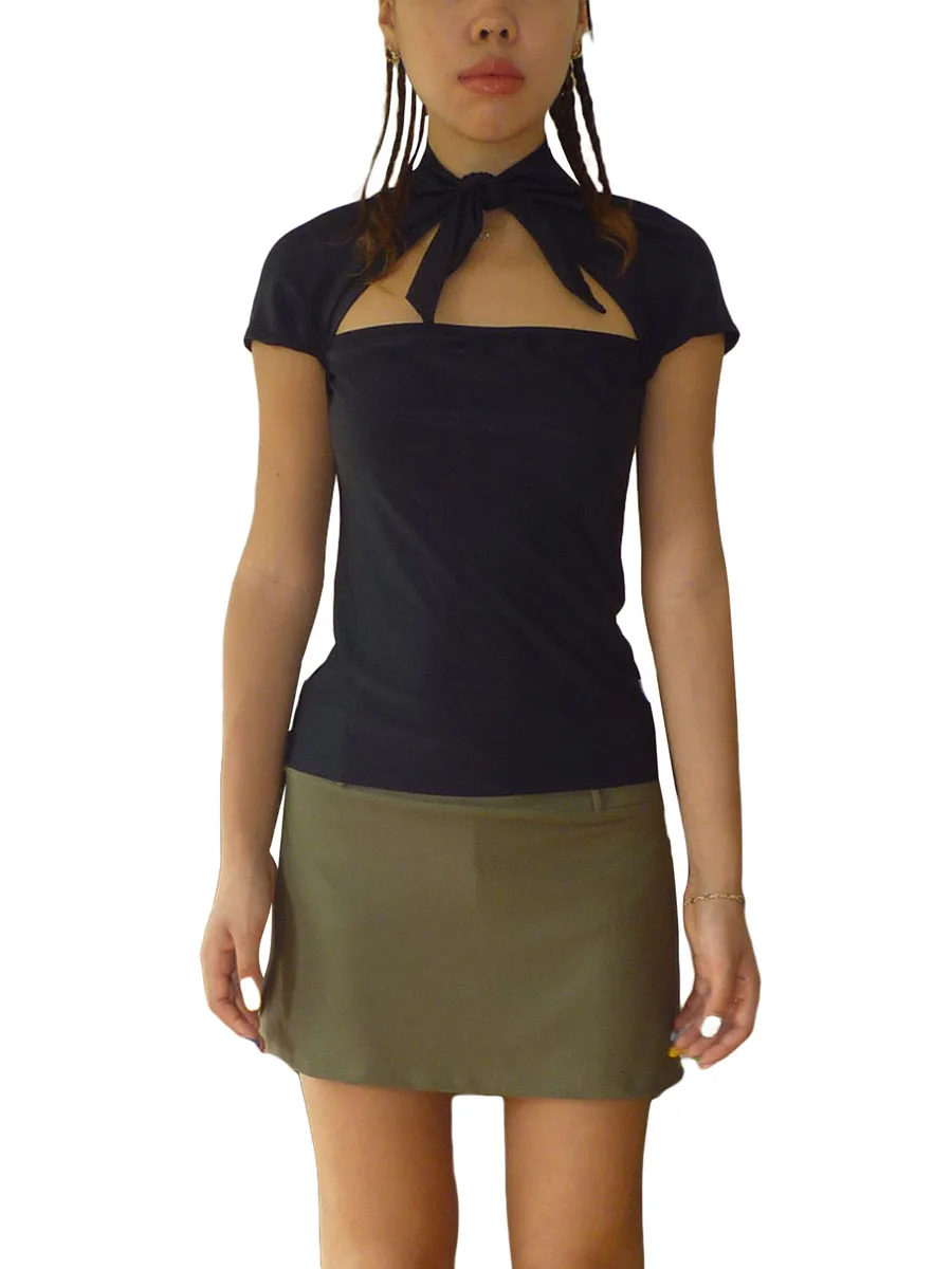 Женские футболки с коротким рукавом, Летние повседневные однотонные бандажные модные топы с вырезами Изображение 1