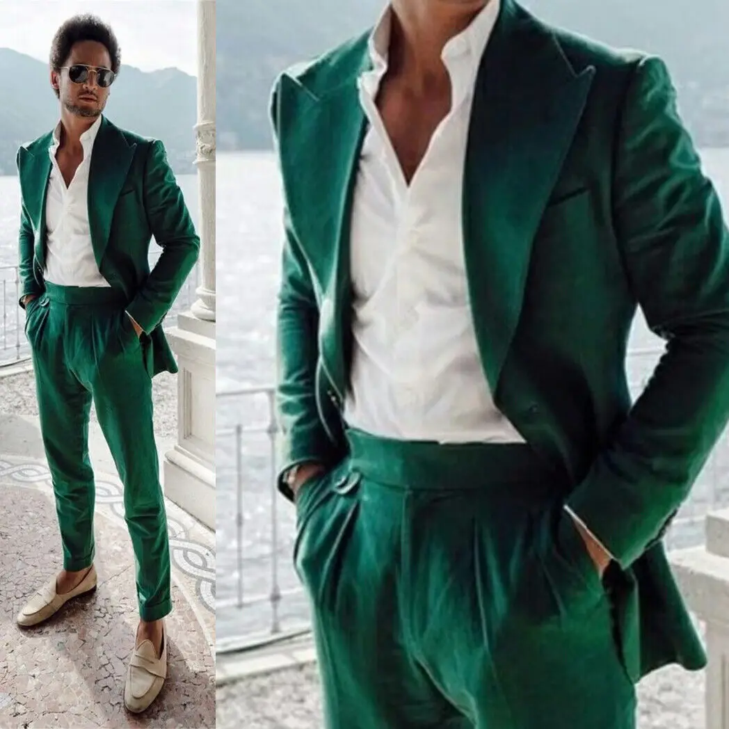 Зеленый бархатный мужской костюм, однобортный облегающий топ-двойка + брюки нестандартного размера и цвета Изображение 1