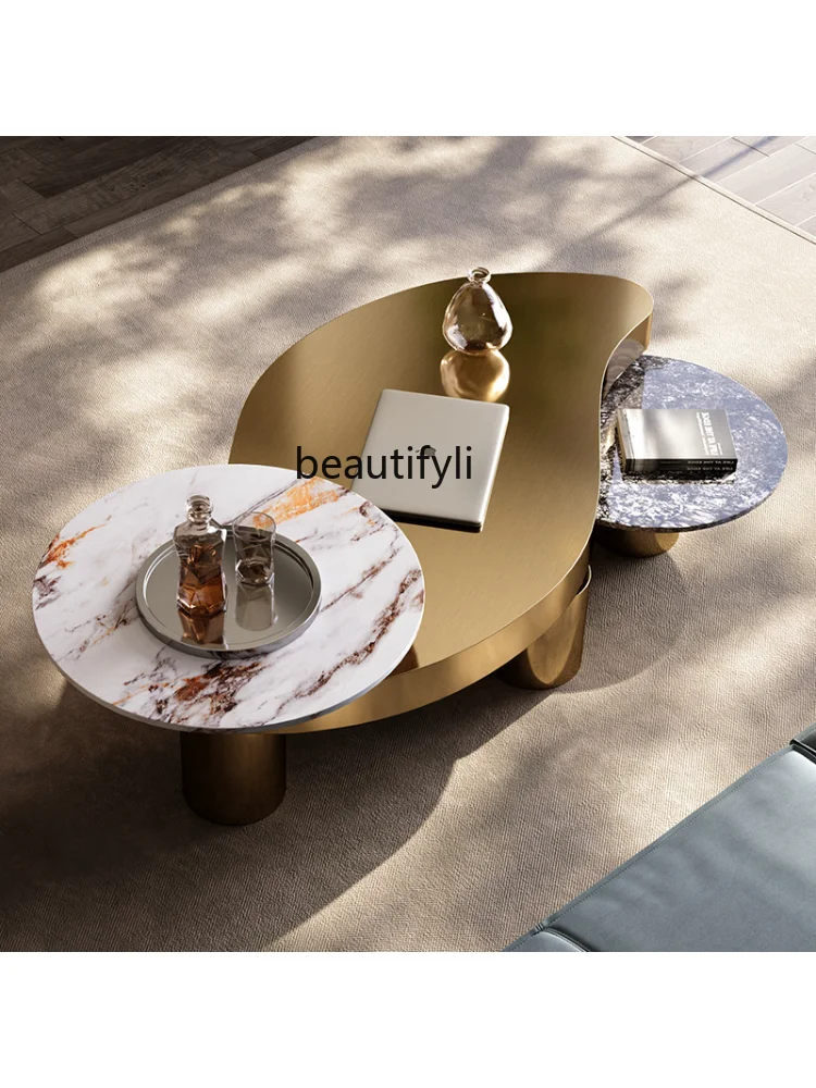Каменная плита в итальянском стиле Гостиная Постмодернистская Дизайнерская модель из нержавеющей стали Высококачественный бытовой чайный столик особой формы Изображение 1