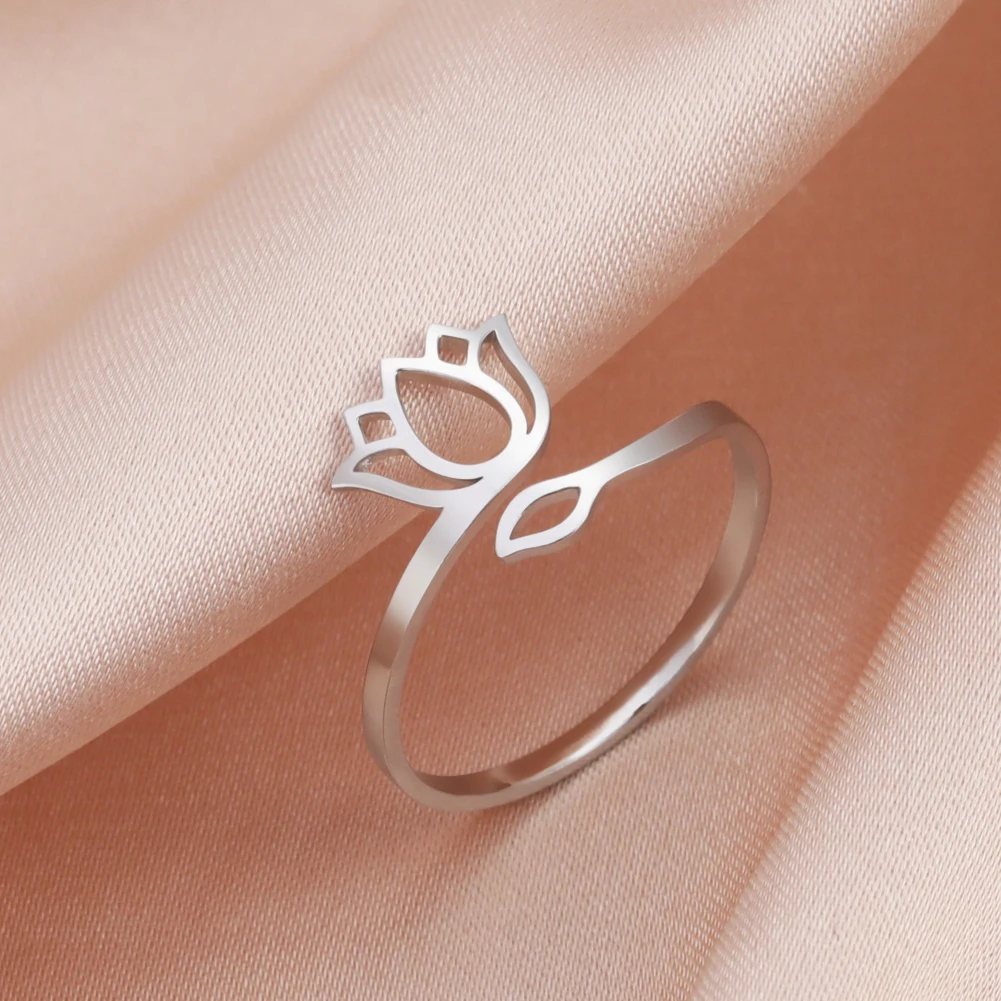 Кольца с цветком Лотоса EUEAVAN для женщин и девочек из нержавеющей стали с регулируемым символом Будды Йоги Ом, кольцо на палец, Элегантные Свадебные украшения Изображение 1