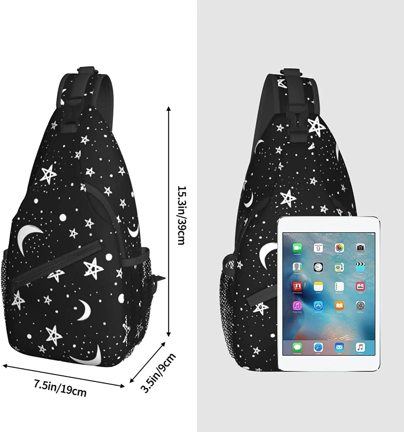 Рюкзак-слинг Black Moons White Stars унисекс, нагрудные сумки через плечо, походный рюкзак, сумка через плечо для бегунов, занимающихся спортивным скалолазанием Изображение 1