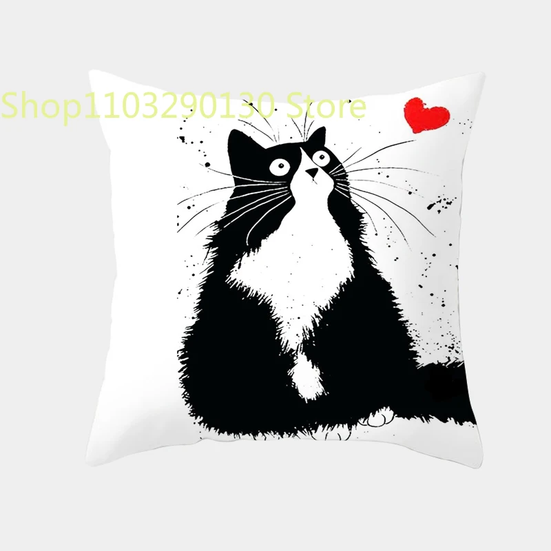Чехол для подушки с милым мультяшным котом, креативная черно-белая наволочка с непослушным котом, домашний текстиль, декоративная наволочка для дивана Изображение 1