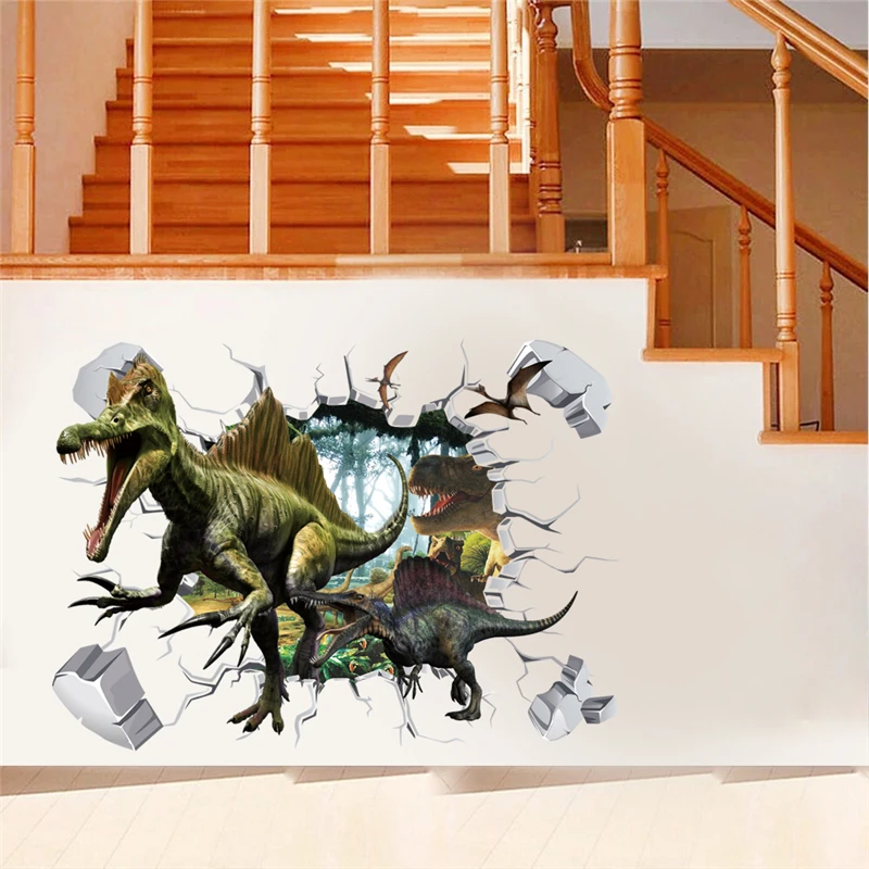 Яркие наклейки с динозаврами на стену для гостиной, детской спальни, украшения дома, 3D-изображения животных, настенные росписи, наклейки из ПВХ, сделай сам, плакаты для мальчиков Изображение 1
