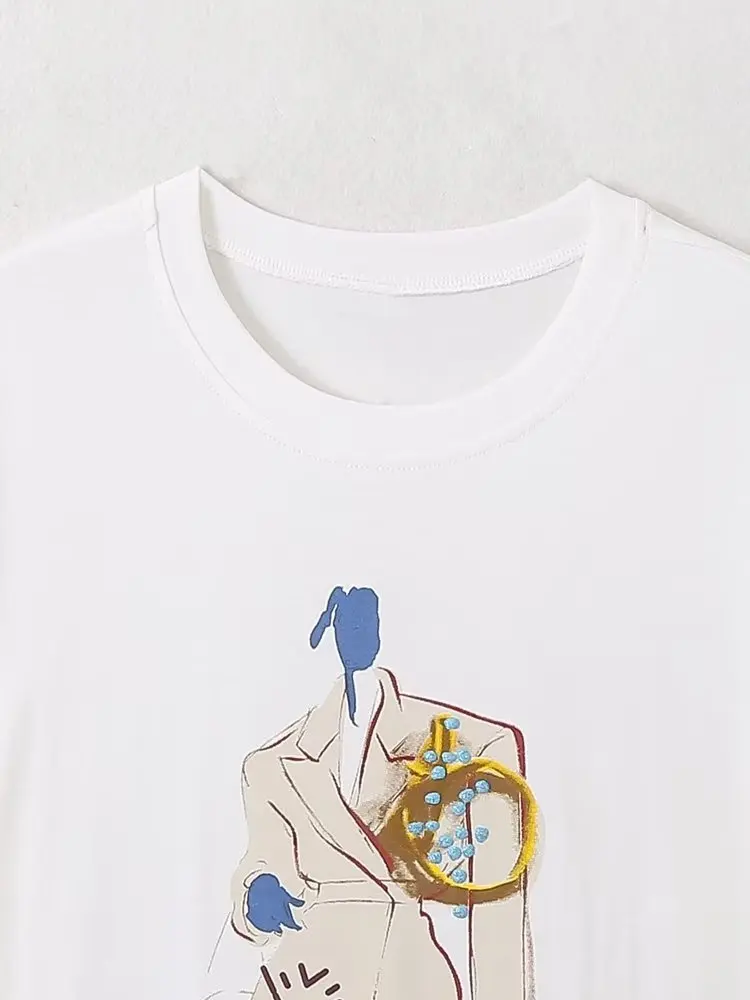 Dave & Di England Винтажные белые модные уличные футболки с ручной росписью для девочек, женские футболки с круглым вырезом и мультяшным рисунком, повседневные для Изображение 2