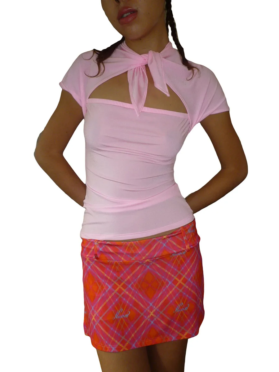 Женские футболки с коротким рукавом, Летние повседневные однотонные бандажные модные топы с вырезами Изображение 2