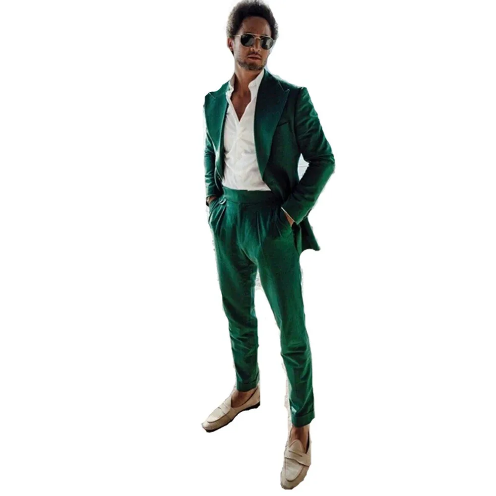 Зеленый бархатный мужской костюм, однобортный облегающий топ-двойка + брюки нестандартного размера и цвета Изображение 2