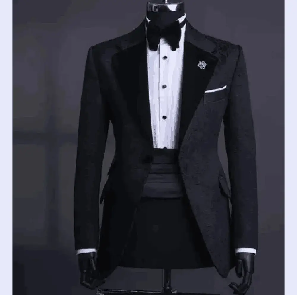 Красивый приталенный мужской костюм, цельный пиджак, новая черная жаккардовая одежда для официальных мероприятий для джентльменов Изображение 2