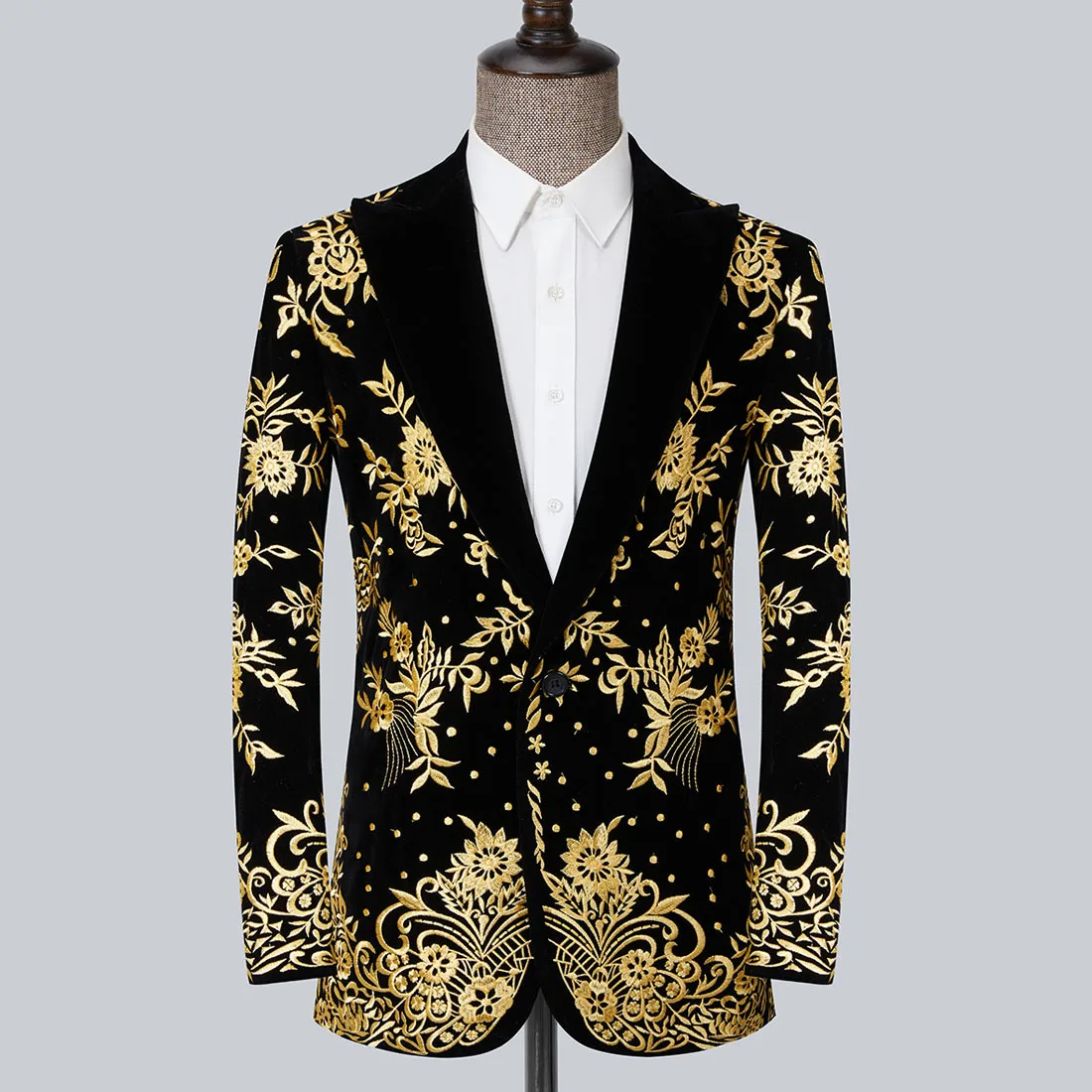 Мужской костюм с золотой цветочной вышивкой, пиджак с воротником-лацканами, бархатный приталенный свадебный смокинг, блейзер, костюм ведущего банкета Изображение 2