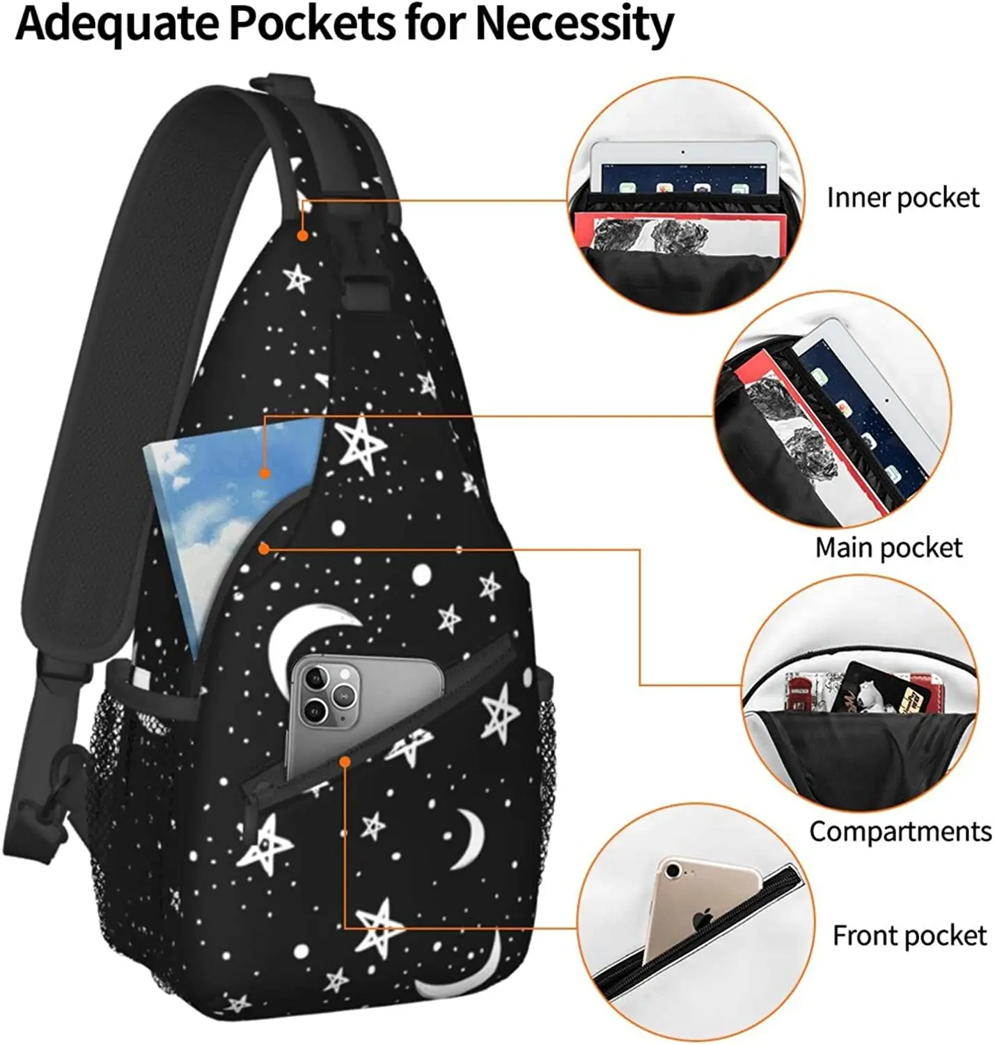 Рюкзак-слинг Black Moons White Stars унисекс, нагрудные сумки через плечо, походный рюкзак, сумка через плечо для бегунов, занимающихся спортивным скалолазанием Изображение 2