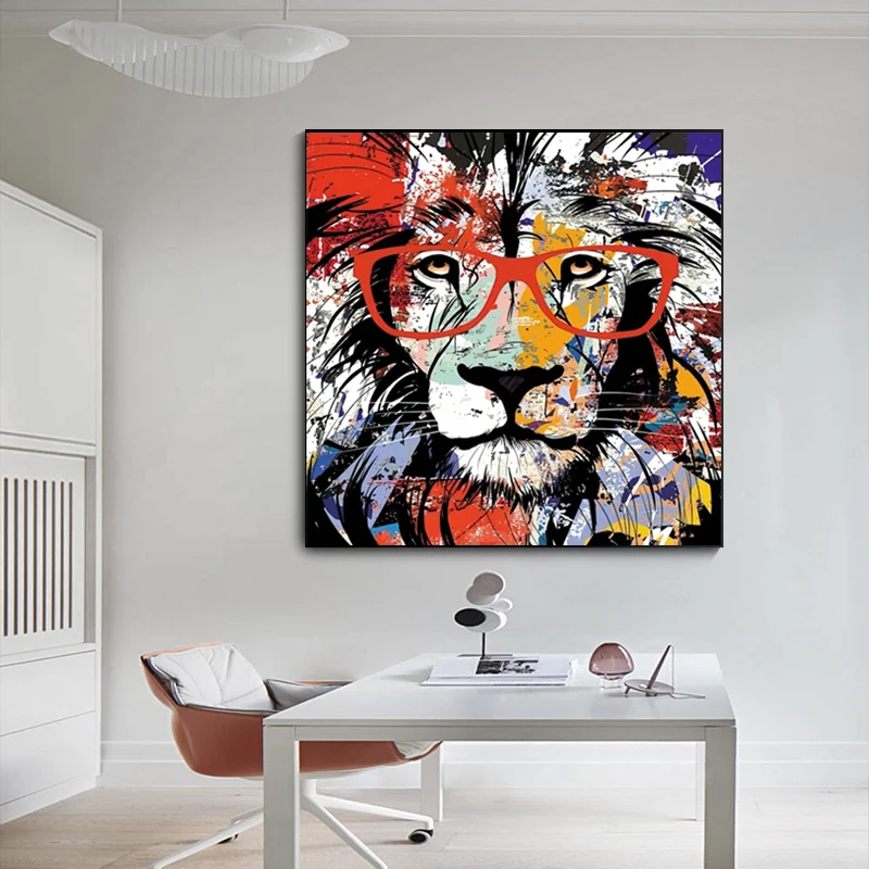 Современный лев, абстрактный поп-арт, настенный холст, красочный настенный плакат с изображением животных и картина для декора гостиной Без рамки Изображение 2