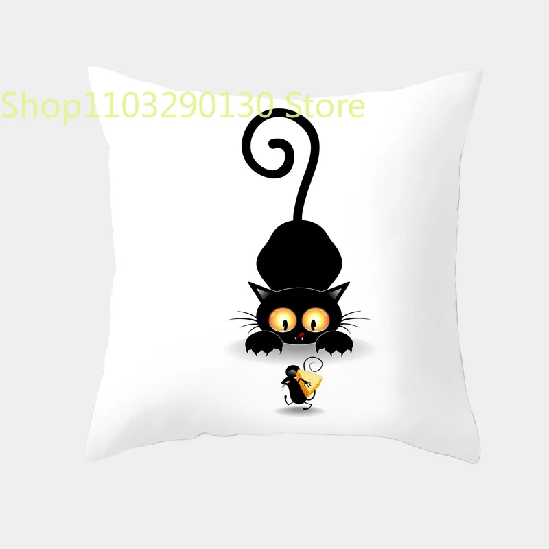 Чехол для подушки с милым мультяшным котом, креативная черно-белая наволочка с непослушным котом, домашний текстиль, декоративная наволочка для дивана Изображение 2