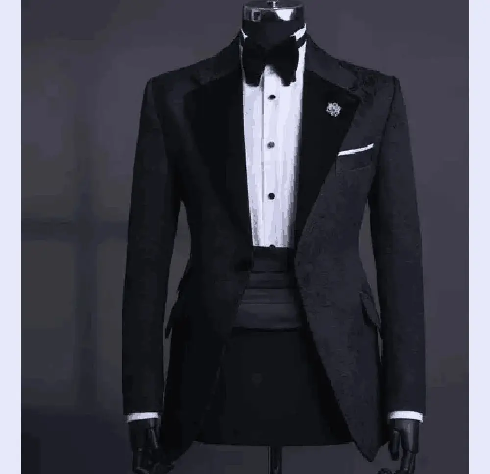 Красивый приталенный мужской костюм, цельный пиджак, новая черная жаккардовая одежда для официальных мероприятий для джентльменов Изображение 3