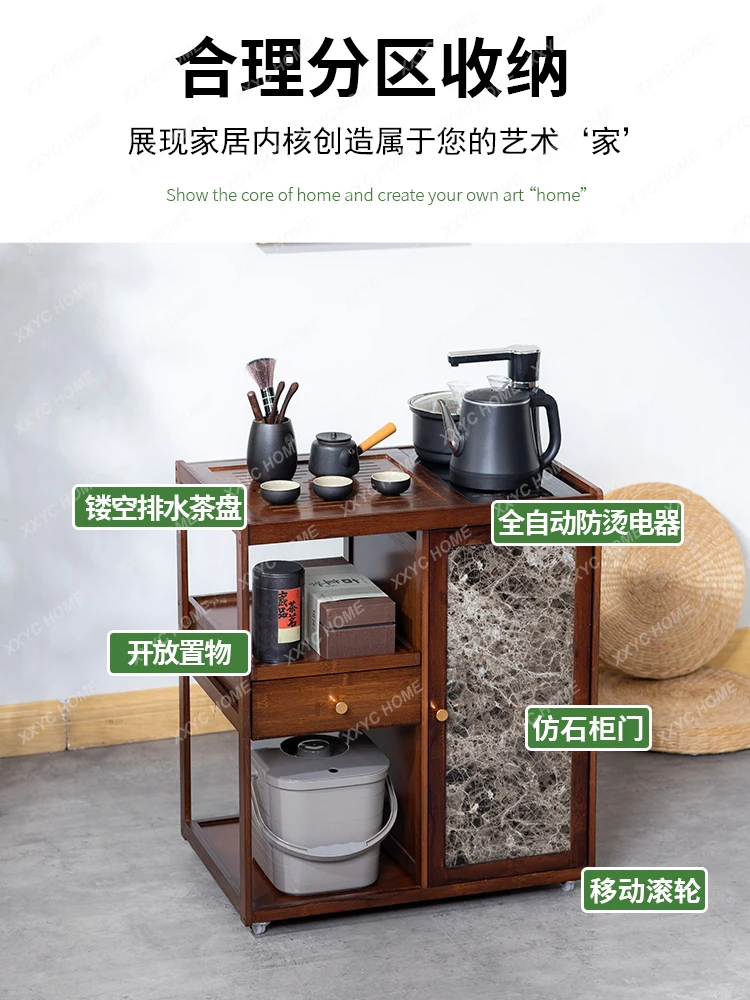 Мобильный чайный столик в новом китайском стиле для гостиной, домашний чайный столик для офиса, многофункциональная тележка для чая Изображение 3