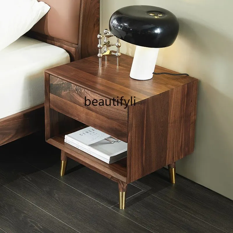 Прикроватная тумбочка из скандинавского черного ореха, прикроватный столик с одним выдвижным ящиком, Шкаф для спальни, Легкий роскошный шкаф для хранения Изображение 3