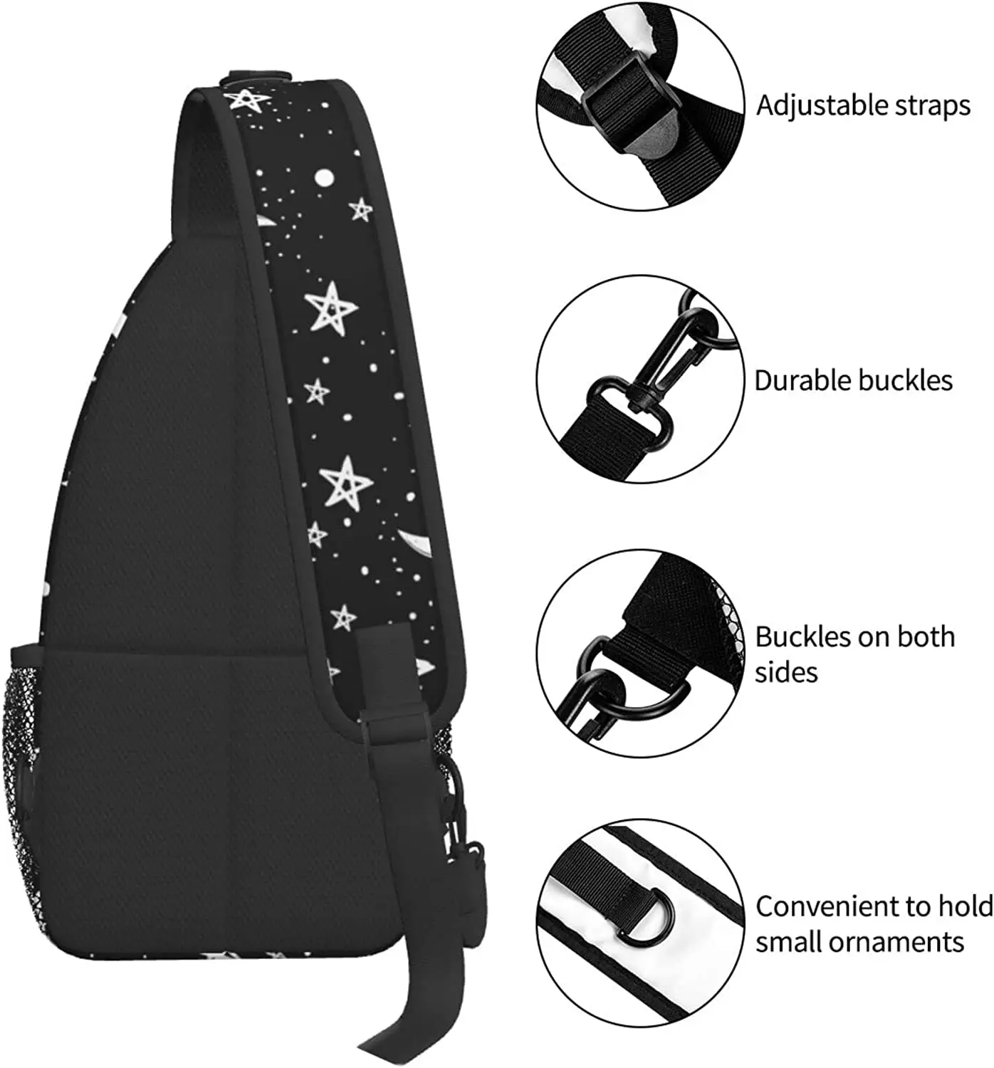 Рюкзак-слинг Black Moons White Stars унисекс, нагрудные сумки через плечо, походный рюкзак, сумка через плечо для бегунов, занимающихся спортивным скалолазанием Изображение 3