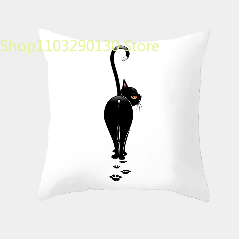 Чехол для подушки с милым мультяшным котом, креативная черно-белая наволочка с непослушным котом, домашний текстиль, декоративная наволочка для дивана Изображение 3
