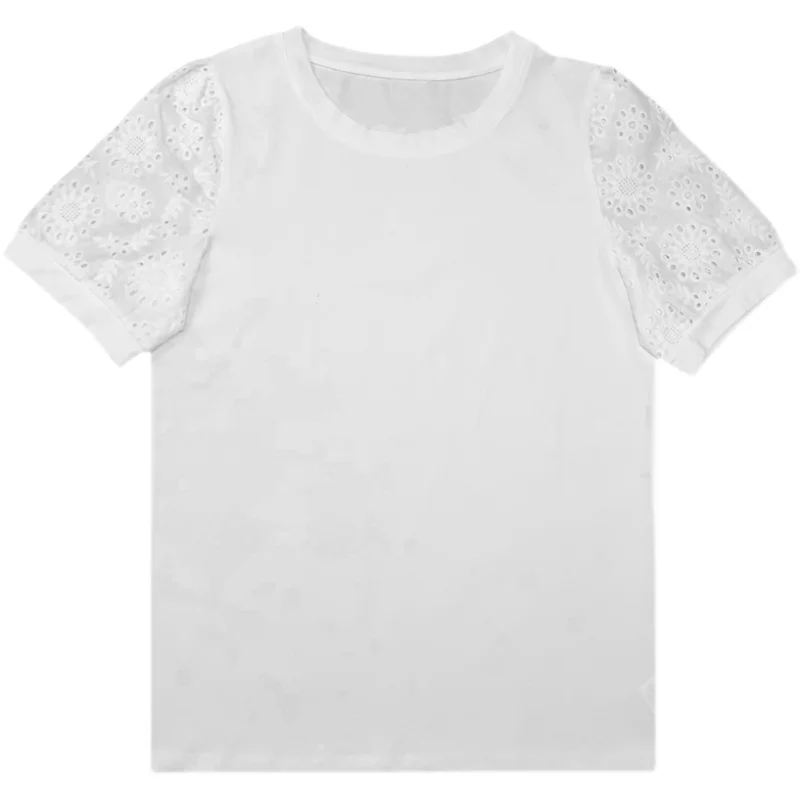 TuangBiang Лето 2023, хлопковые футболки с кружевным вырезом и коротким рукавом, жаккардовая женская повседневная одежда, классические топы с круглым вырезом и проушинами Изображение 4