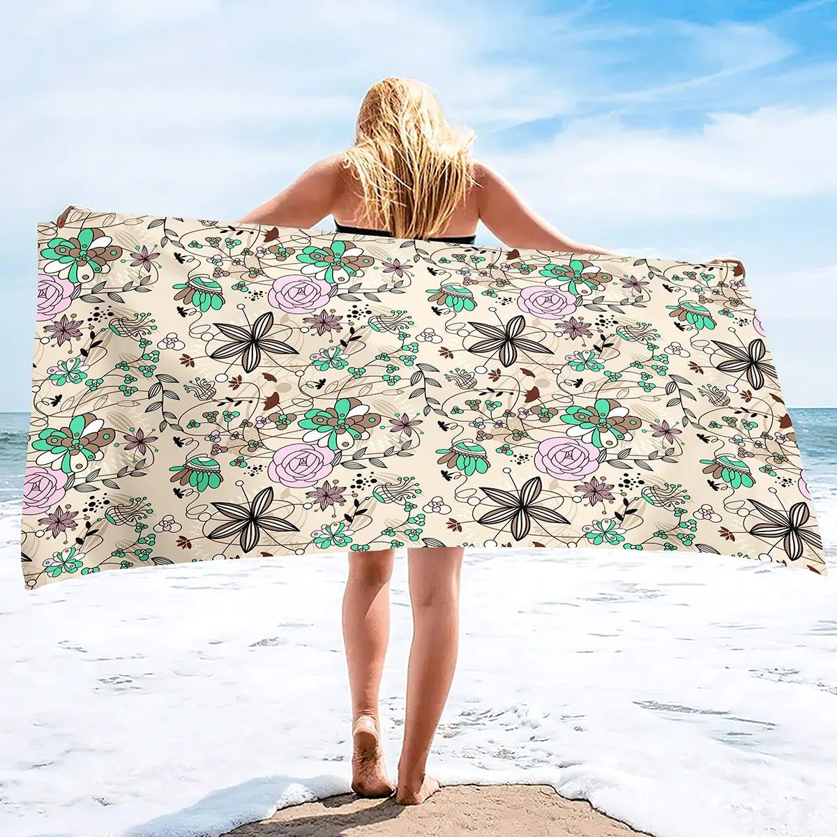 Пляжное полотенце из микрофибры с цветочным рисунком в стиле бохо, без песка, Тонкое, быстросохнущее, сверхабсорбирующее, Негабаритные, большие, легкие, сверхабсорбирующие полотенца Изображение 4