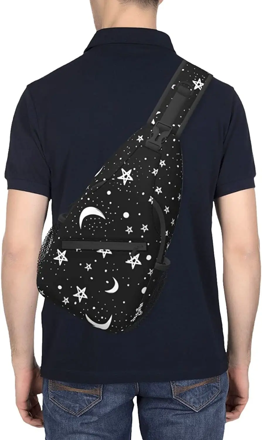 Рюкзак-слинг Black Moons White Stars унисекс, нагрудные сумки через плечо, походный рюкзак, сумка через плечо для бегунов, занимающихся спортивным скалолазанием Изображение 4