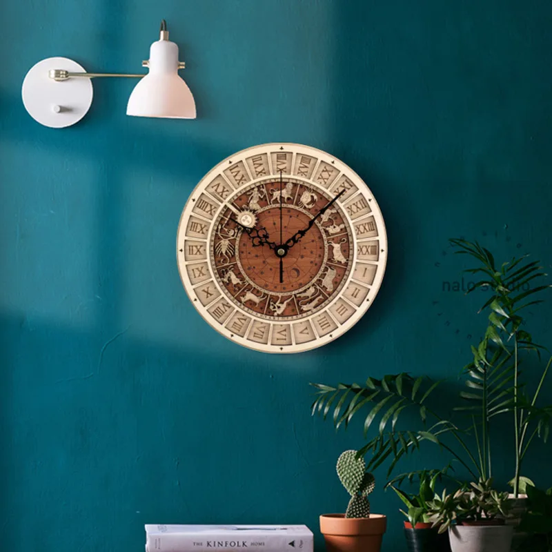 30 см Венецианские Астрономические Деревянные Часы Креативные Настенные Часы Кварцевые Часы Двенадцать Созвездий Настенные Часы Гостиная Домашний Декор Изображение 5