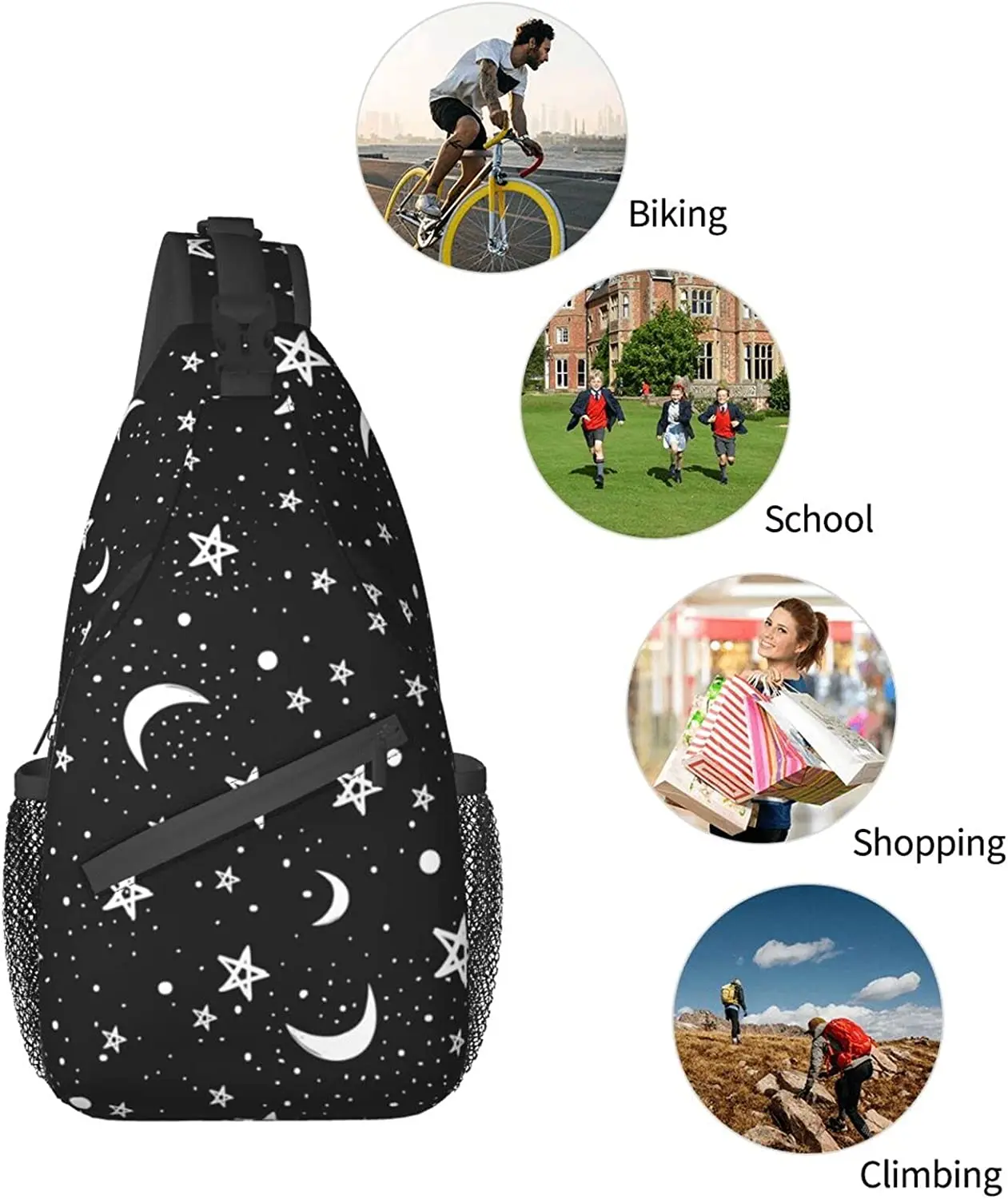 Рюкзак-слинг Black Moons White Stars унисекс, нагрудные сумки через плечо, походный рюкзак, сумка через плечо для бегунов, занимающихся спортивным скалолазанием Изображение 5